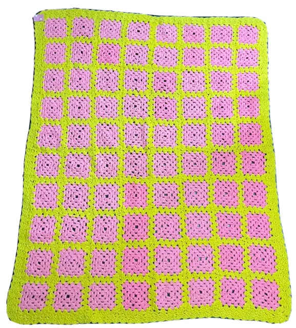 HANDMADE GRANNY SQUARE Afghan Crochet Blanket Yellow & Pink 40” x 50