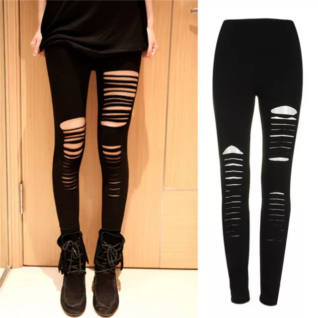 Leggings punk neri a righe strappate, strappate e tagliate