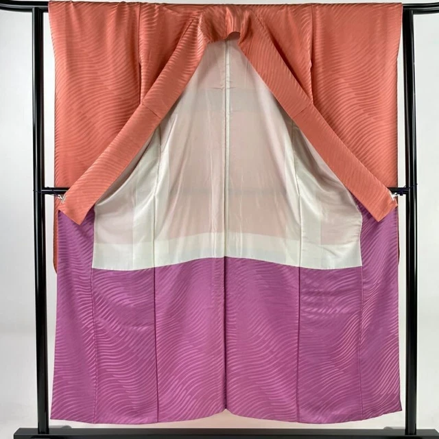 Japanese Kimono Furisode Pure Silk Woven Pattern Single Family Crest Salmon Pink 3