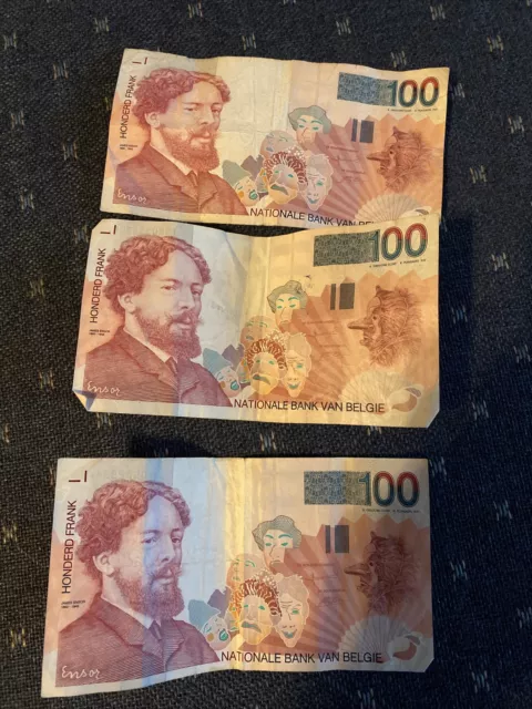 Three Belgian/Bank Van Belgie Bank Note 100 Francs/Frank Belgique James Ensor