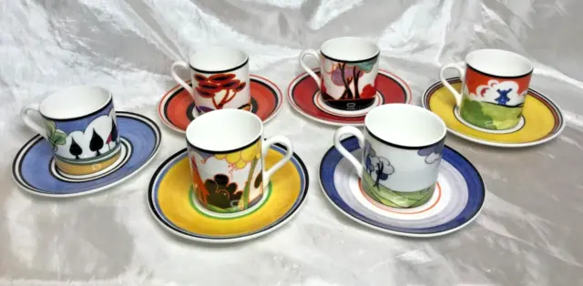 6 x Wedgwood Limited Edition CLARICE CLIFF "CAFE CHIC" Coffee Cups & Saucers