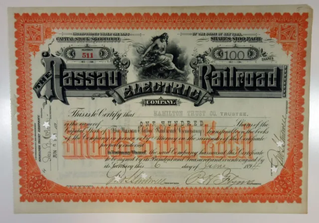 NY. Nassau Electric Railroad Co., 1894. 100 Shrs I/C Capital Stock Cert. XF-AU