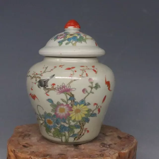 5.51” Chinese Porcelain Qing Tongzhi Famille Rose Flowers Birds Tea Caddies