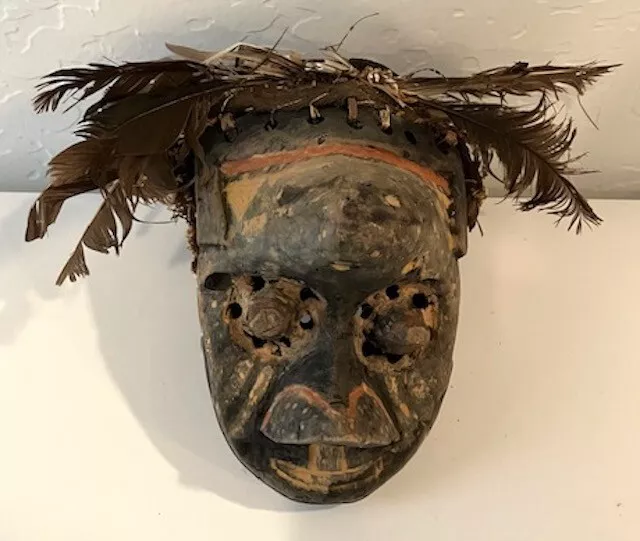 AFRICAN CHILD'S MASK - Democratic Republic of Congo/Zaire - Wood/Shells/Feathers