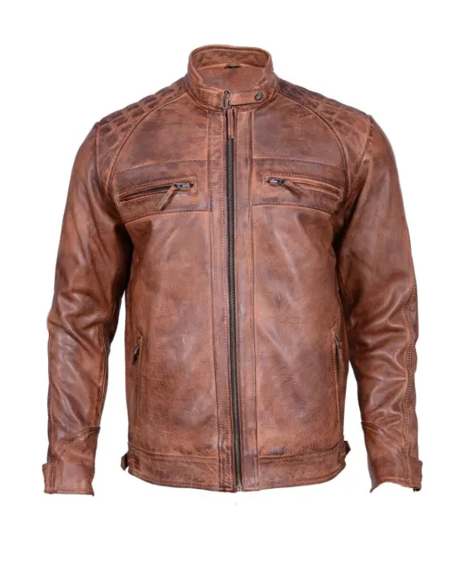 Men's Vintage Distressed Brown Biker Cafe Racer Leather Jacket-Slim fit