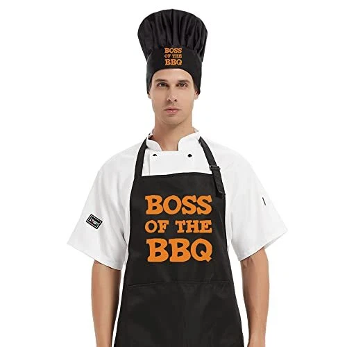 Boss of The BBQ Chef Hat and Apron Set, Funny Cooking Grilling Apron Gift