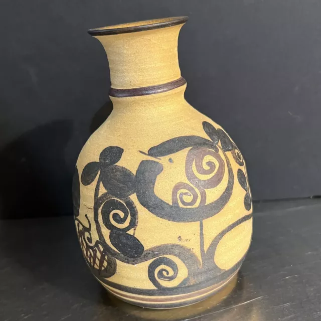 Israeli Pottery Vase Hand Thrown Painted Art Pottery Artist Signed Floral Brown