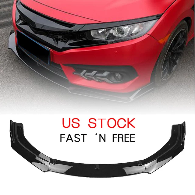 Gloss Black Front Bumper Lip Spoiler – 3-Piece – For Honda Civic 2016-2020 Sedan – WheelX