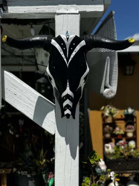 Real Bull Skull, Black And White, Hand Painted