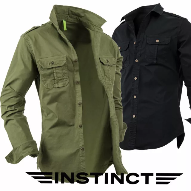 Camicia Uomo Slim Fit con Manica Lunga Militare Cargo in Cotone Jeans Verde Nero