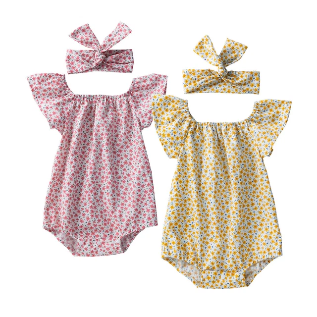Newborn Baby Floral Flutter Romper Headband Set Girls Summer Jumpsuit Outfits