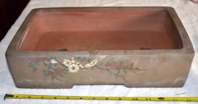 Japanese Bonsai Pot painted scene Brown Unglazed Rectangle, w makers mark 14"X10