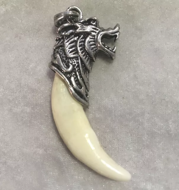 Chinese Antique Boars Tooth Wild Hog Silver Dragon protective talisman Pendant