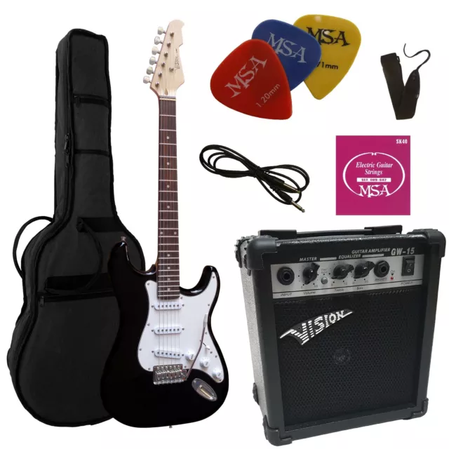 E-Gitarre MSA, mit Set, Verstärker GW15 , Zubehör- schwarz !n