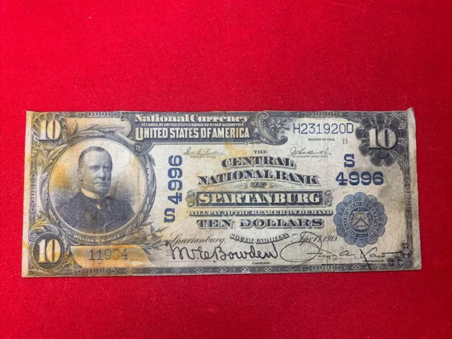 The Central National Bank Of Spartanburg $10. Charter # 4996  1902  Plain Back