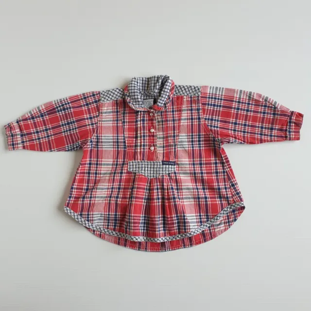 Size 1 Toddler 90s Fred Bare Plaid Red Shirt Dress Vintage