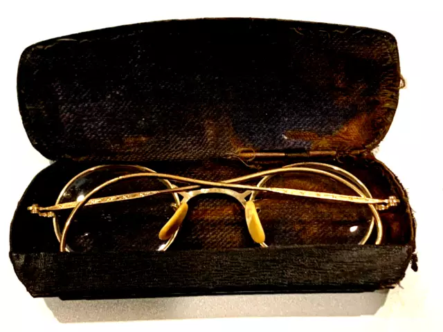 Antique 12K Soled Gold Round Optical Rare Wire Rim Eyeglasses With Original Case