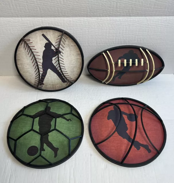 Lot of 4 3-D Metal Sports Wall Decor Plaque Baseball Football Basketball Soccer