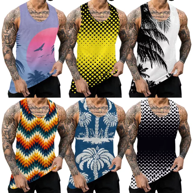 Mens Vests Printed Summer Gym Training Bodybuilding Muscle Tank Tops Stringer