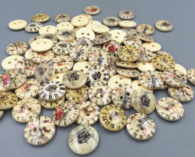 DIY 200X Wooden Buttons Mixed clock pattern Fit Sewing Scrapbooking 2-holes 15mm