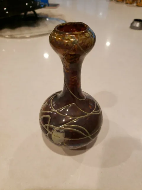 Antique Iridescent Silver Overlay Art Glass Vase Loetz-Type unsigned