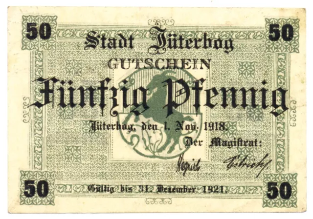 Notgeld der Stadt Jüterbog, Gutschein 50 Pfennig 1918, Wappen