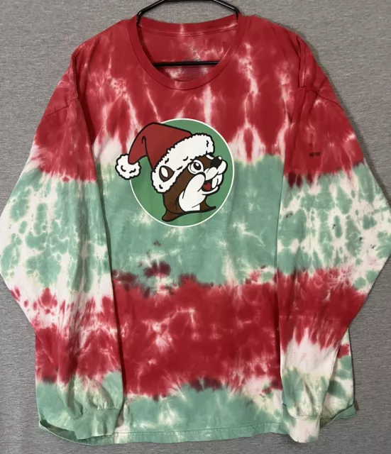 Buc-ees Shirt Adult Size XL Red Green White Tie Dye Christmas Long Sleeve Beaver
