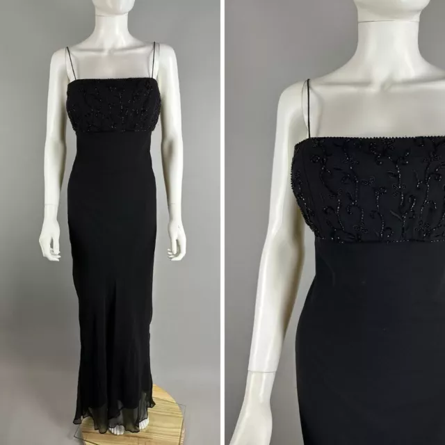 Vtg 90s Y2K Marina Black Silk Beaded Empire Waist Chiffon Slinky Gown Dress 12