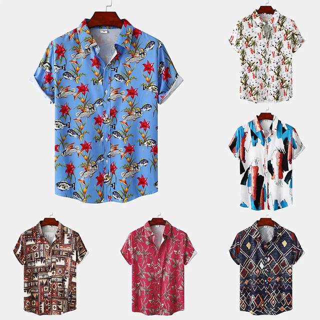 Camicia uomo manica corta hawaiian button shirt tropical estate spiaggia casual tè ~ C8