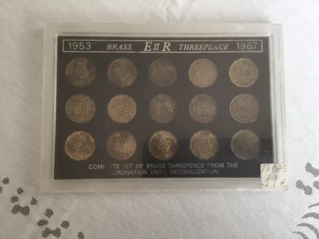 Boxed set of 15 Three Pence Coins 1953 to 1967.