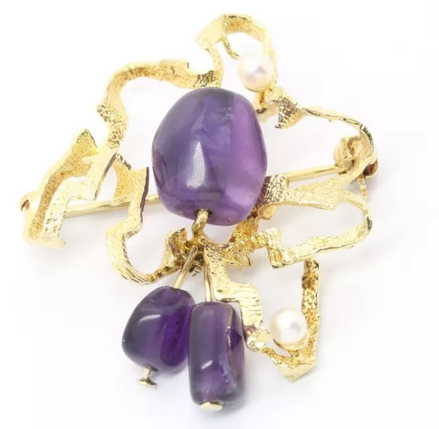 ♦♦ Brosche in 14 kt 14k 585 er Gelb Gold mit Amethyst Perle Anstecknadel Nadel ♦