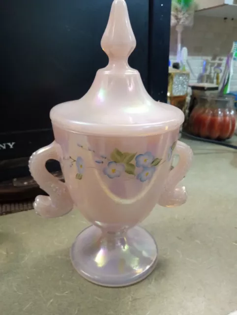 fenton hand painted pink opalescent carnival glass Covered Candy Dish D. Cutshaw