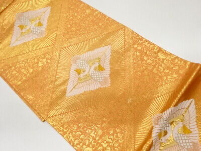 6285186: Japanese Kimono / Vintage Fukuro Obi / Gold Foil / Woven Cranes