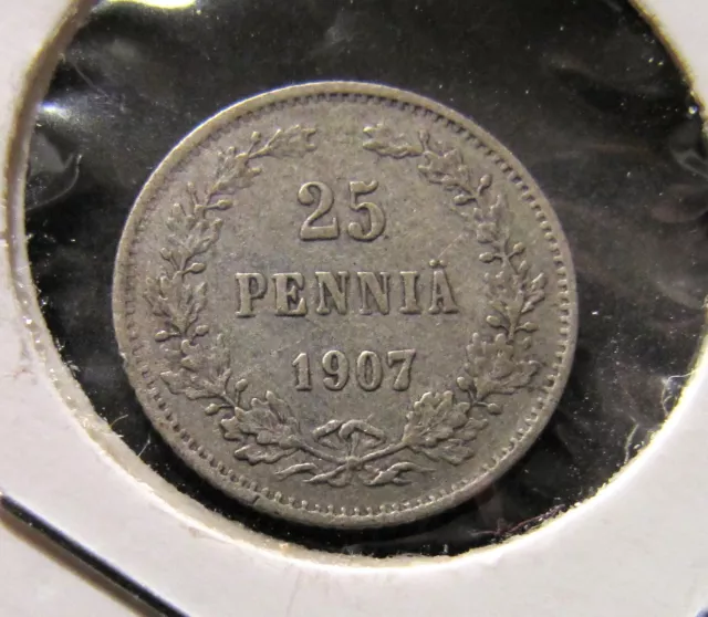 ✔ 25 Pennia 1907 L Silver coin Finland/Russia Empire Finnish old money Finlandia