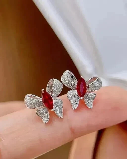 2Ct Marquise Cut Lab-Created Ruby Butterfly Stud Earrings 14K White Gold Plated