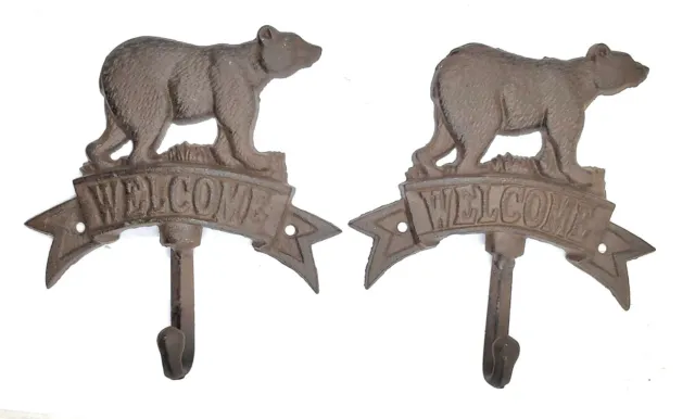 Bear Welcome Sign Plaque Coat Key Hook Rustic Cabin Lodge Wildlife Decor Set 2