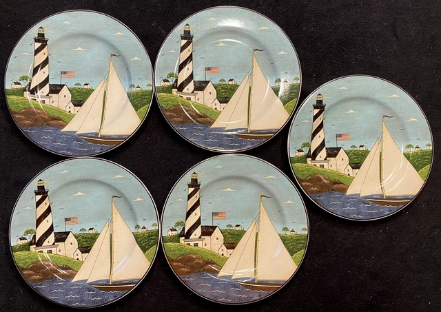 5 Sakura Warren Kimble Coastal Breeze Lighthouse Flag Ship 8 1/4" Salad Luncheon