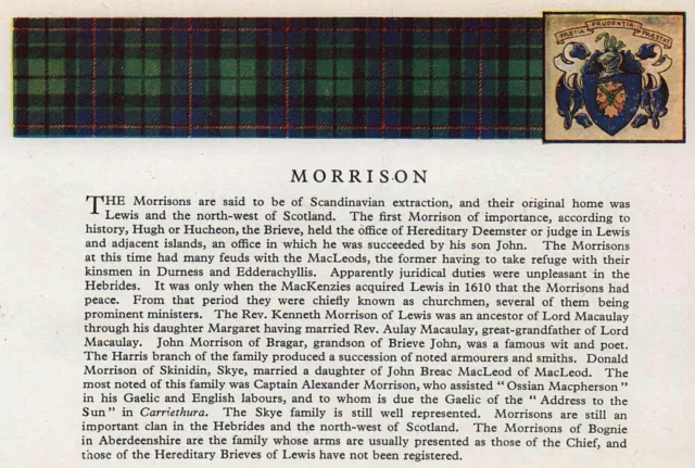 Morrison. Scotland Scottish clans tartans arms 1957 old vintage print picture
