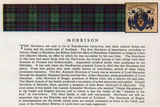 Morrison. Scotland Scottish clans tartans arms 1957 old vintage print picture