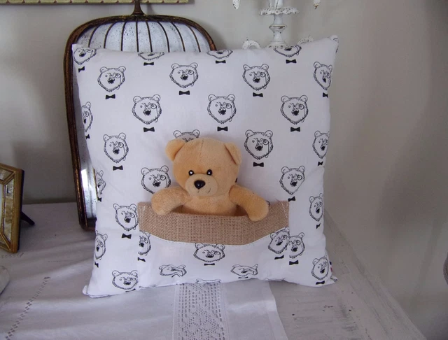 coussin complet taie en tissu coton motif nounours + ours en peluche 33cm NEUF