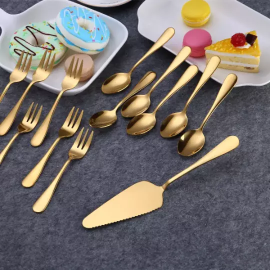 Juego de porciones de postres, cortador de camarero, cuchara de postre, tenedor de postres, oro rosa, 3