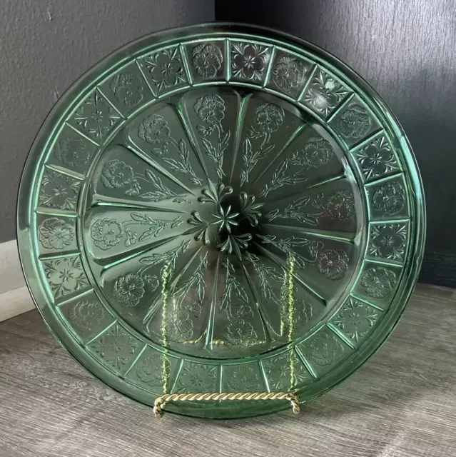 Vintage Jeannette Doric And Pansy 9" Green Depression Glass Dinner PLATE