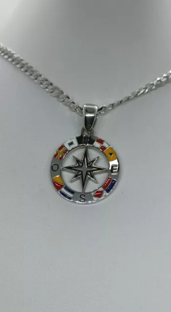 Collana Rosa Dei Venti Ciondolo Argento Smaltata Nautico Mm 20 Rodiata Exploit