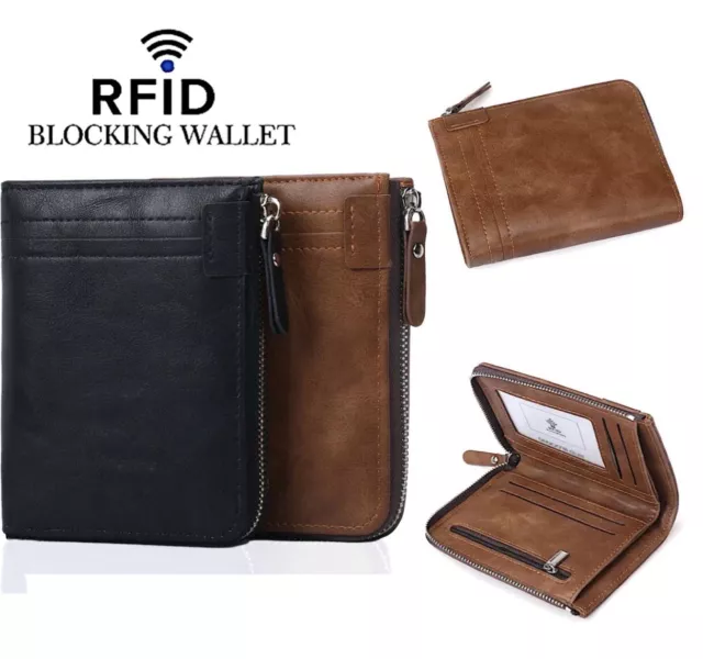 Mens RFID Blocking Bifold Leather Wallet ID Credit Card Holder Zipper Wallet