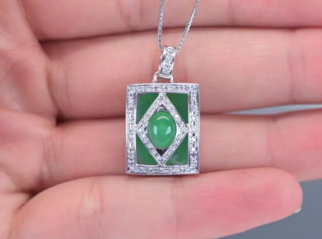 $3,600 18k White Gold Natural Cabochon Green Jade Pave Diamond Pendant Necklace