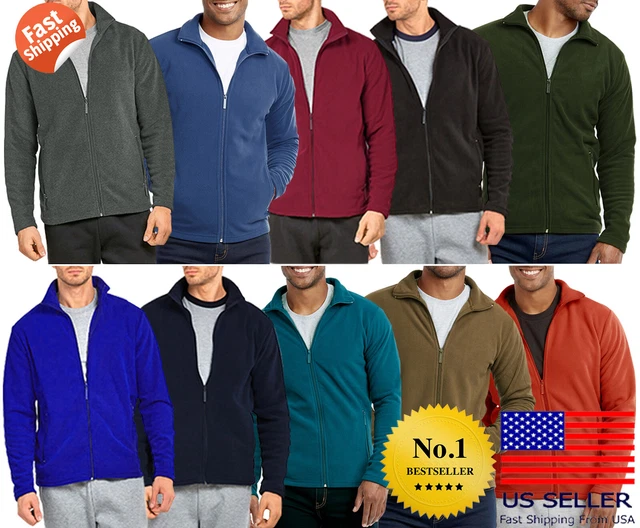 Mens Polar Fleece Long Sleeve Full Zipper Zip Up Jacket Solid Soft Plain Winter
