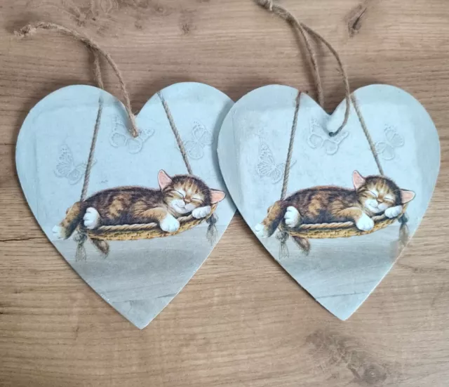 Cute cat set 2 Heart Indoor Wooden Hanging Wall Art  Decor Handmade Gift 20 cm