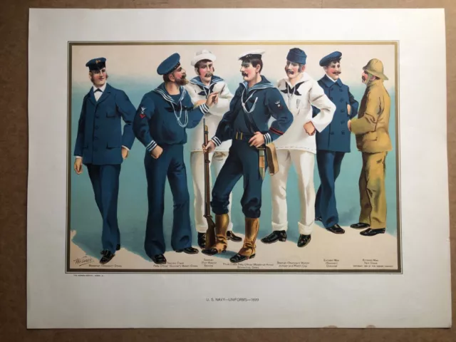 Original antique 1899 chromolithograph U S Navy Uniforms 1899 Werner Co.