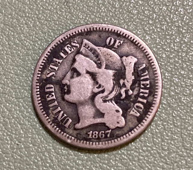 1867 Three 3 Cent Nickel Pieces United States Type Coin
