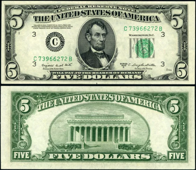 FR. 1964 D $5 1950-C Federal Reserve Note Philadelphia C-B Block Gem CU